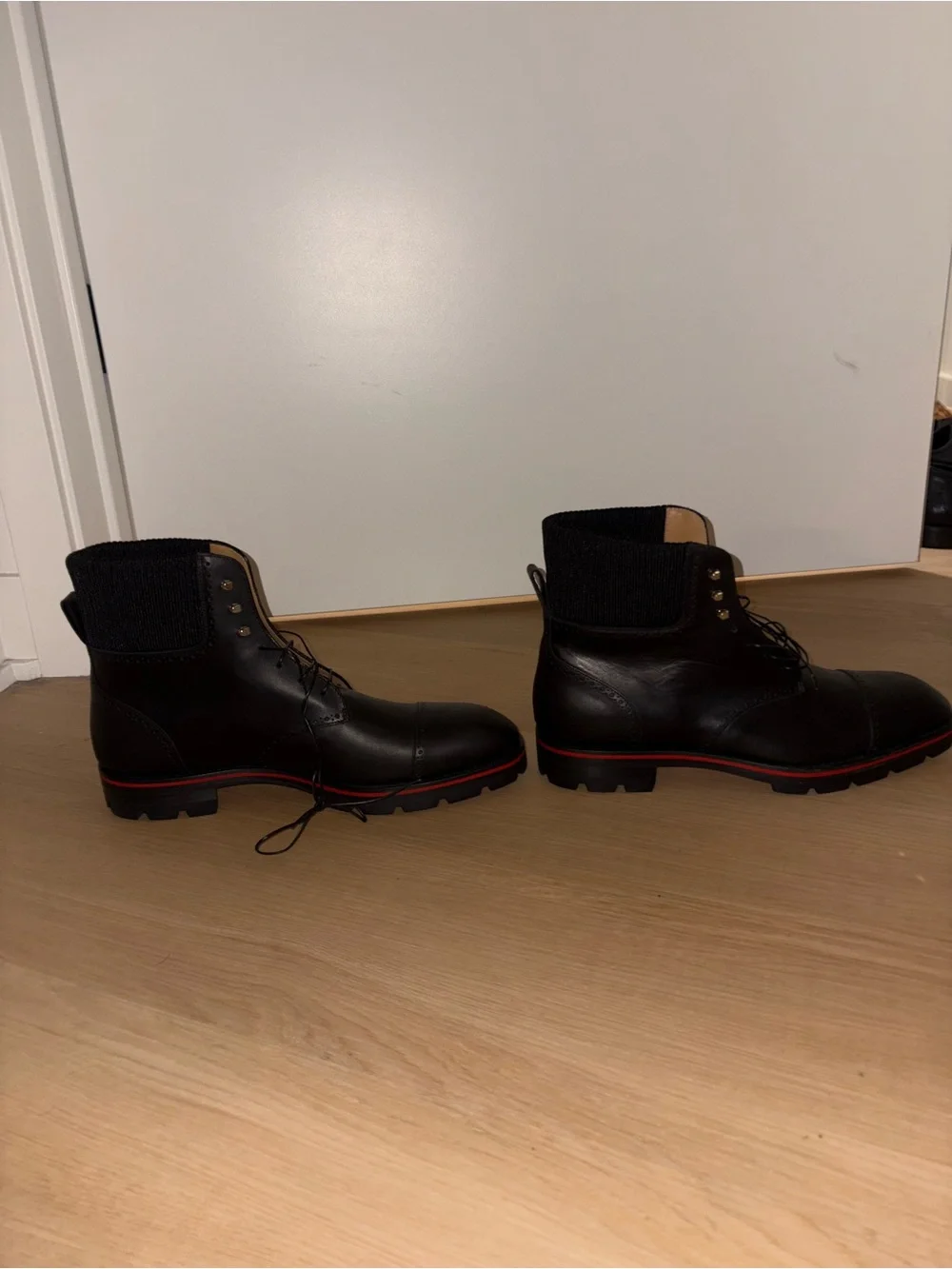 Christian Louboutin Black Leather Lace-Up Ankle Boots with Red Trim